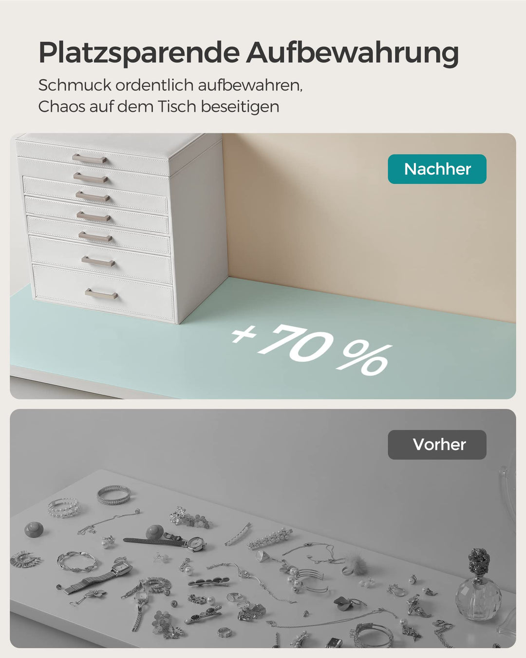 Schmuckkästchen 6 Ebenen mit Spiegel und Uhrenfach, Weiss - Bild 7