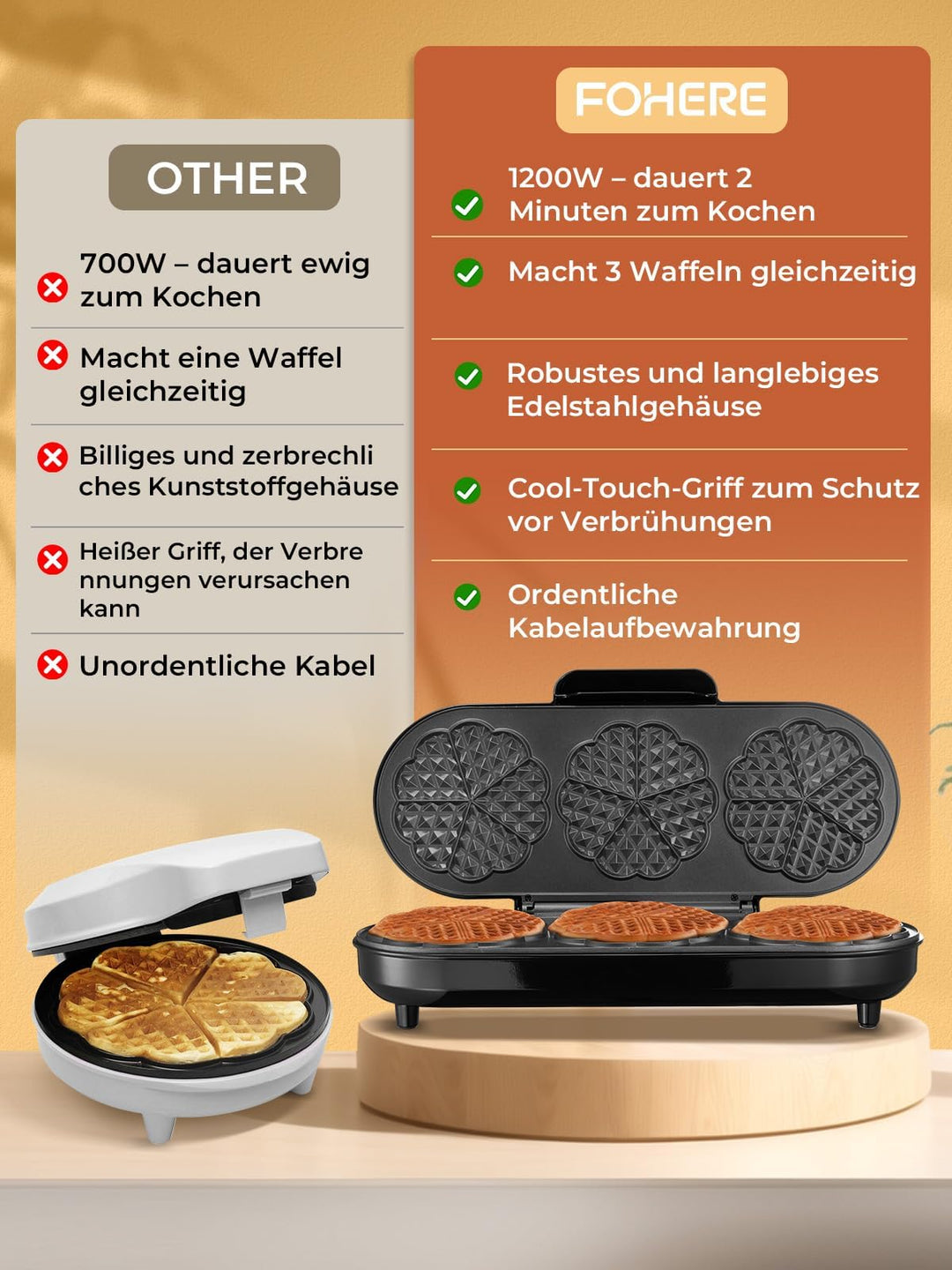 Herzwaffeleisen 3 Backflächen 1200W für 15 Waffeln Party &amp; Familie - Bild 5