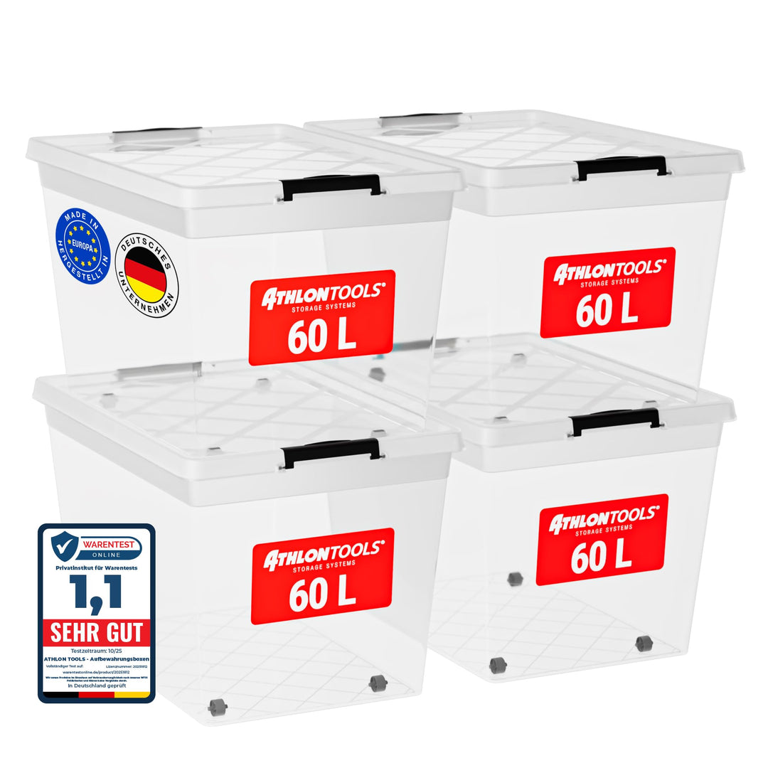 Aufbewahrungsbox 60L mit Deckel transparent stapelbar 4er-Set