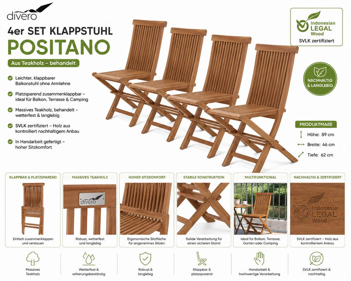 Klappstuhl Teakholz 4er-Set klappbar für Garten und Balkon - Bild 3