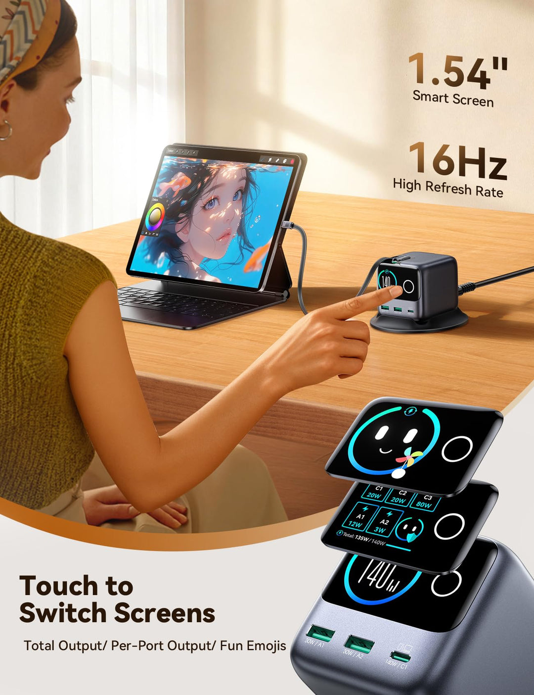 GaN Ladestation 140W 5-in-1 mit 2 einziehbaren USB-C-Kabeln LCD - Bild 5