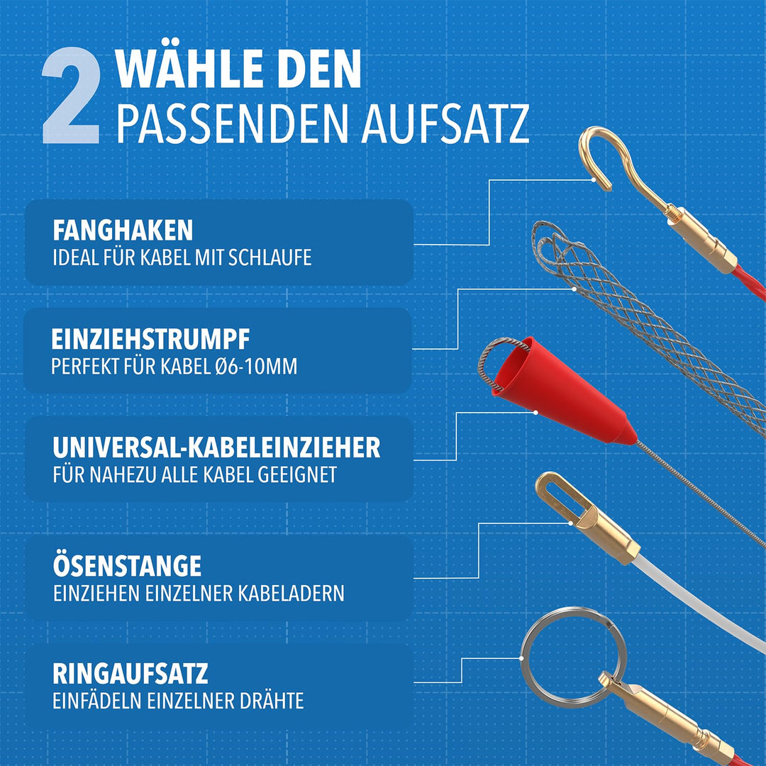 Kabeleinziehhilfe Fiberglas 30 m mit 5 Aufsätzen für Leerrohr - Bild 5