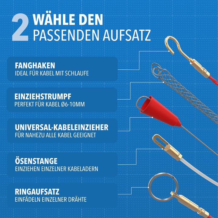 Kabeleinziehhilfe Fiberglas 30 m mit 5 Aufsätzen für Leerrohr - Bild 5