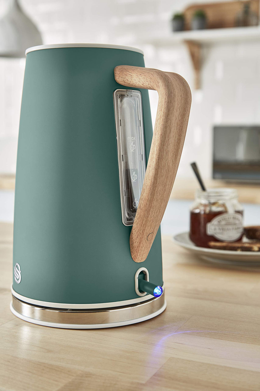 Wasserkocher 1,7 l 2200 W Edelstahl Grün mit Holzgriff kabellos - Bild 3