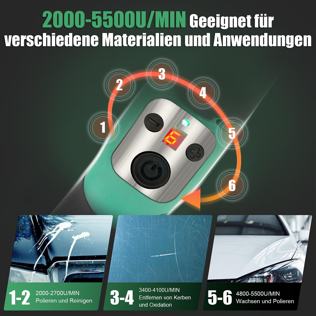 Mini Poliermaschine Akku 3-in-1 Rotation &amp; Exzenter 6 Stufen für Autopflege - Bild 8