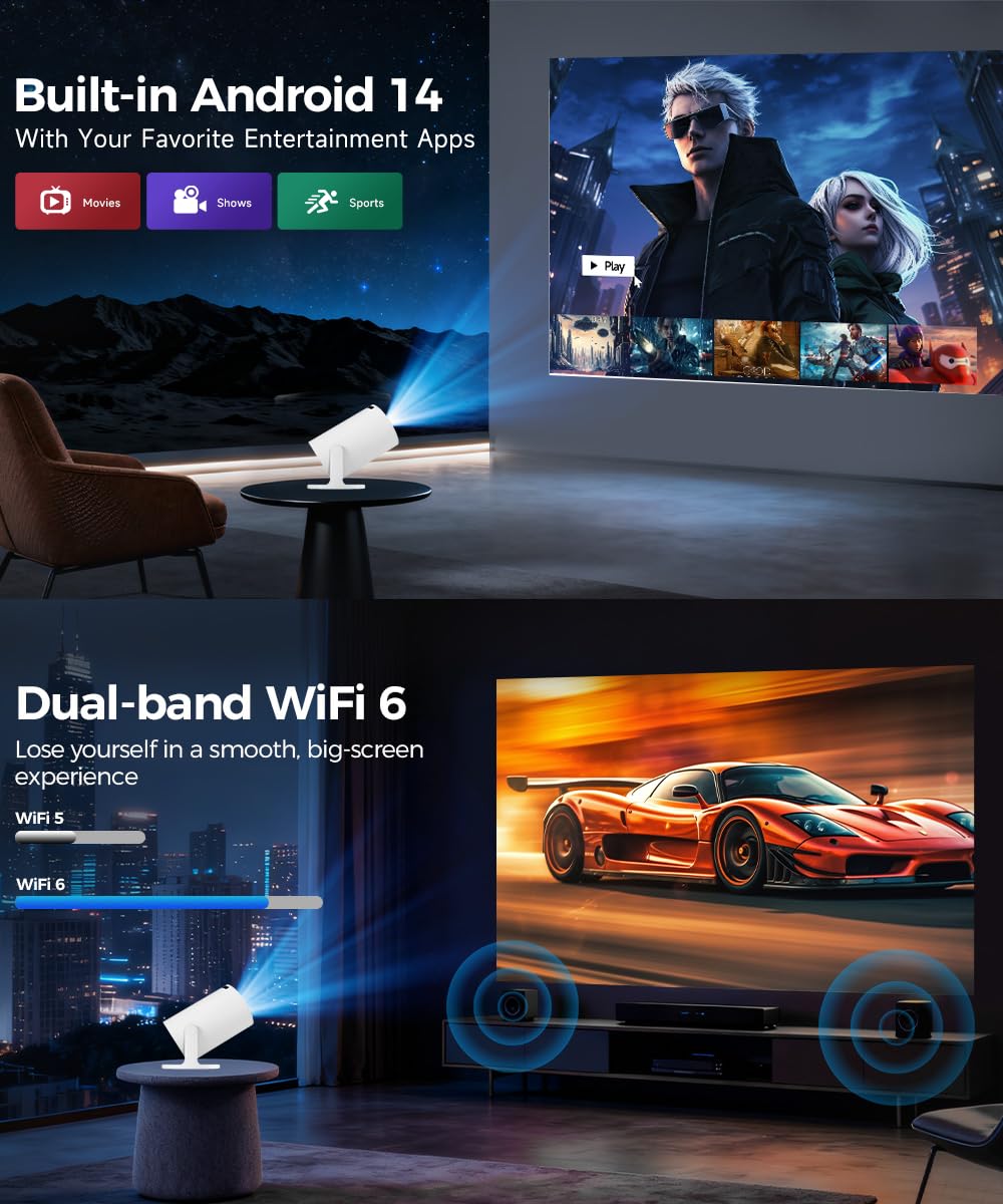Mini Beamer 4K Android 14 WiFi 6 mit 200 Zoll und 180° drehbar - Bild 4
