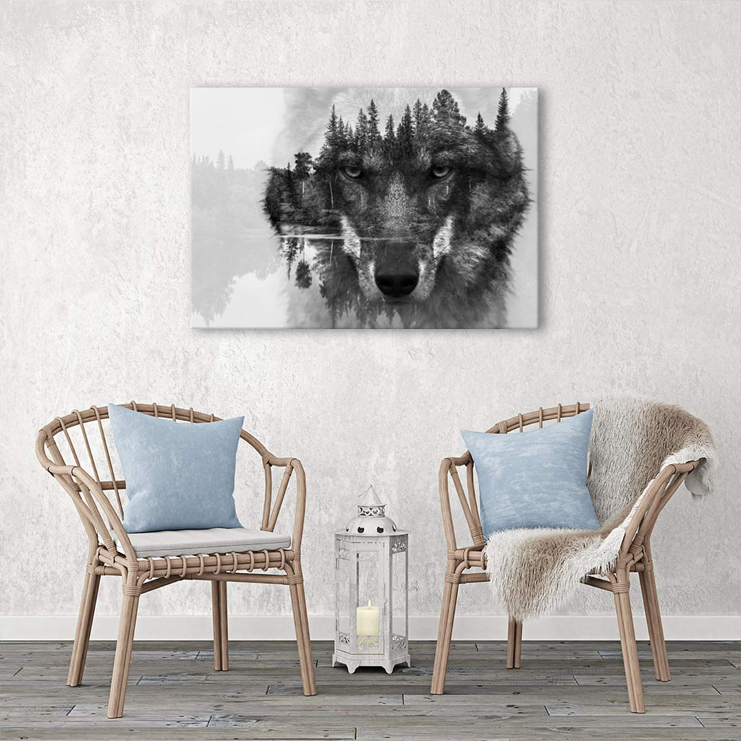 Leinwandbild Wolf im Wald Schwarz-Weiss 120x80 cm aufhängfertig - Bild 6