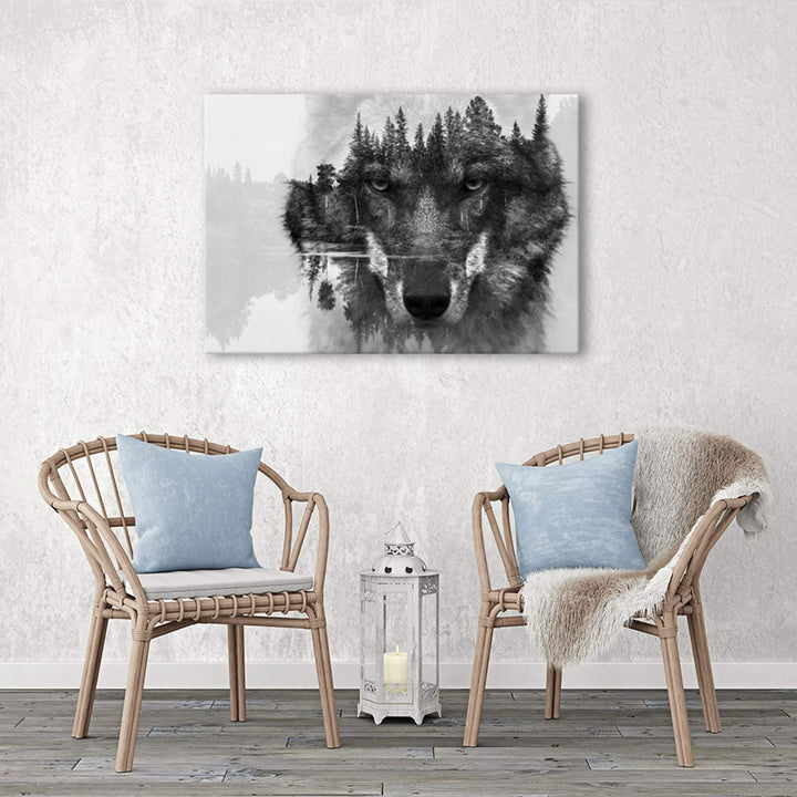 Leinwandbild Wolf im Wald Schwarz-Weiss 120x80 cm aufhängfertig - Bild 6