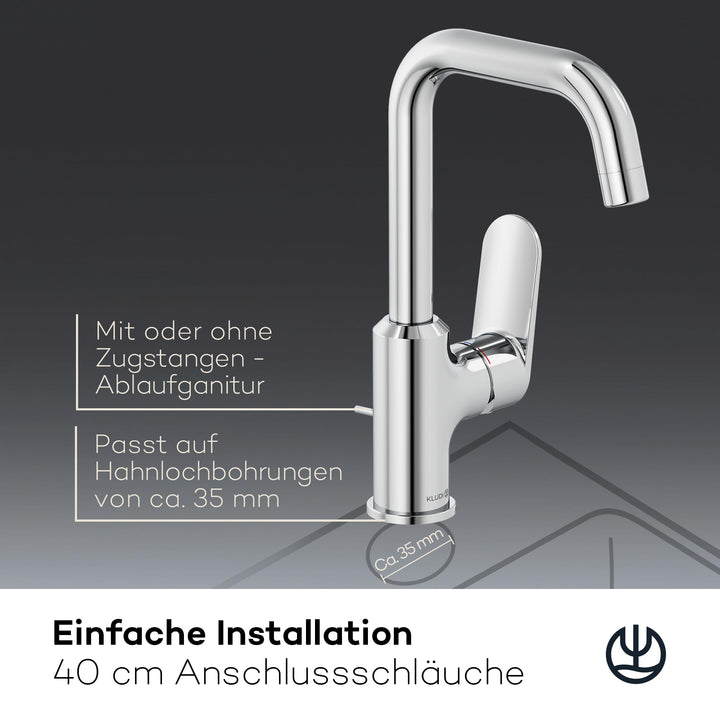 Waschtischarmatur Chrom 360° schwenkbar mit Zugstangen-Ablauf Messing - Bild 5
