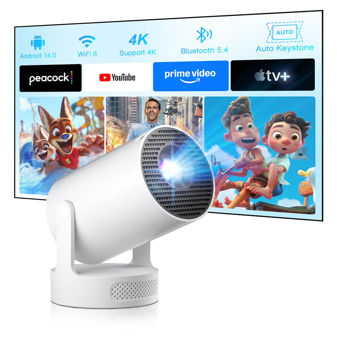 Mini Beamer 4K Android 14 WiFi6 mit Auto-Trapezkorrektur 0,4 kg