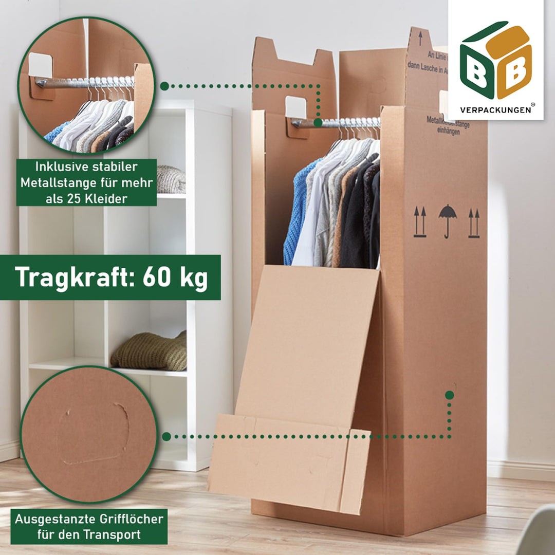 Kleiderbox Karton mit Metallstange 612x522x1370mm 2-wellig 3er-Set - Bild 5