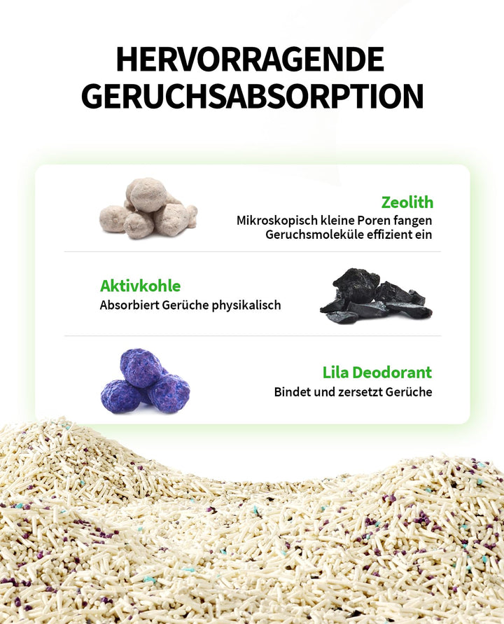 Tofu-Katzenstreu 5-in-1 mit Aktivkohle spülbar 3x 2,4 kg - Bild 3