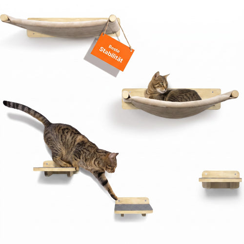 Katzen-Kletterwand 5-teilig Naturholz mit 2 Hängematten & 3 Treppen