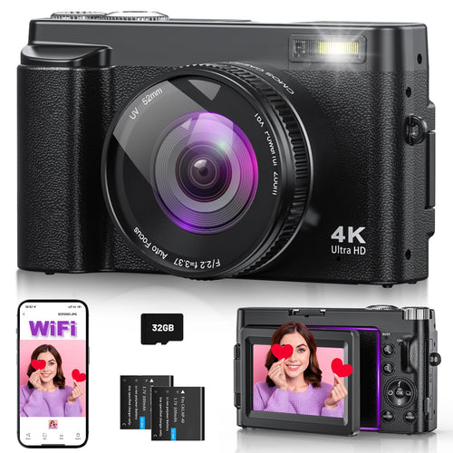 Digitalkamera 4K 64MP mit WLAN Flip-Screen 16x Zoom für Anfänger