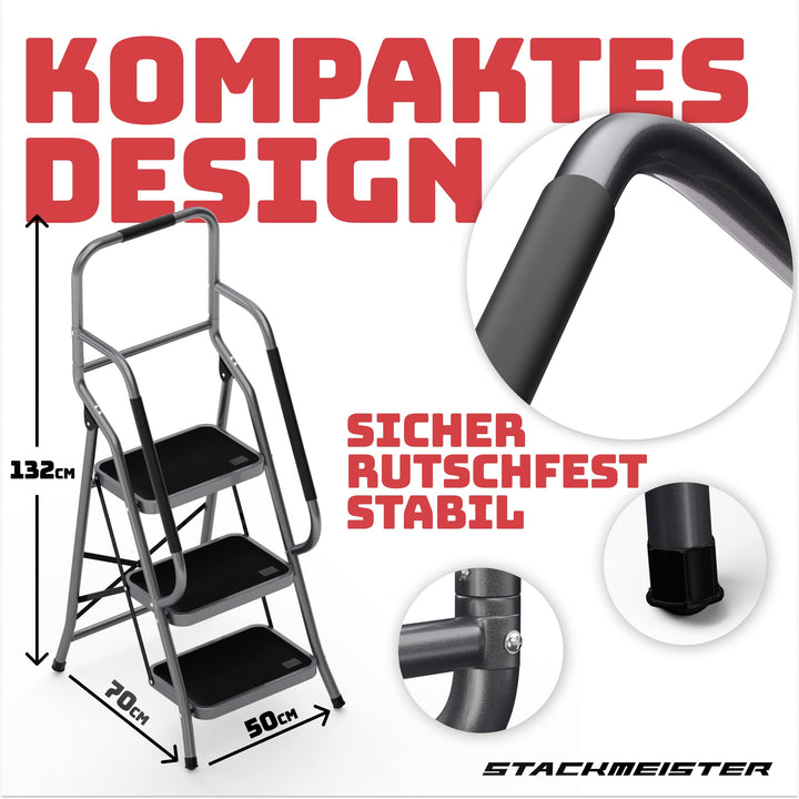 Trittleiter 3 Stufen klappbar mit Handlauf TÜV 150 kg Anthrazit - Bild 2