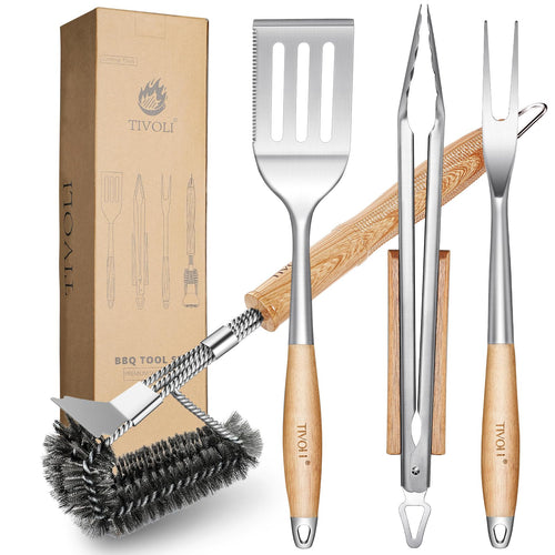 Grillbesteck Set 4-teilig Edelstahl mit Holzgriffen