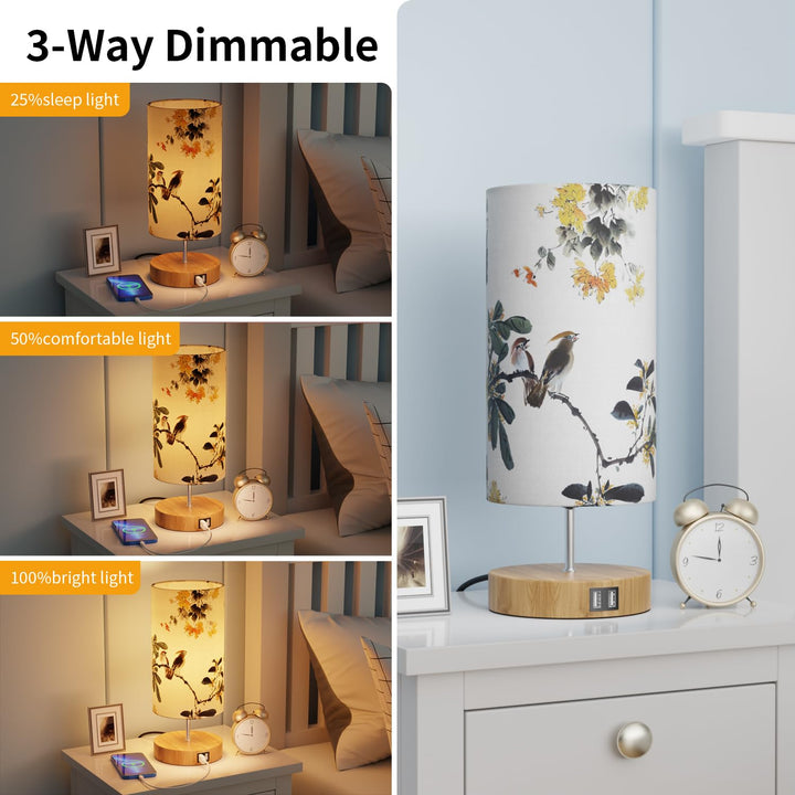 Nachttischlampe 2er Set Stoff Vogelmotiv Touch-Dimmer USB - Bild 3