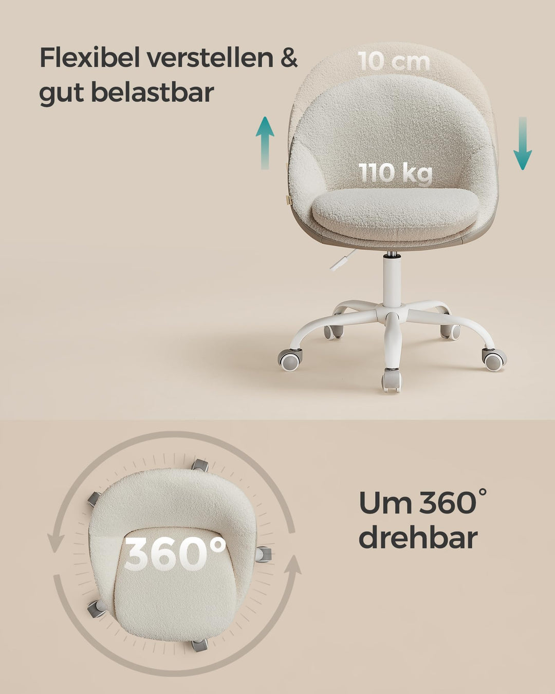 Schreibtischstuhl Sherpa-Bezug höhenverstellbar ohne Armlehnen 60x60cm - Bild 7