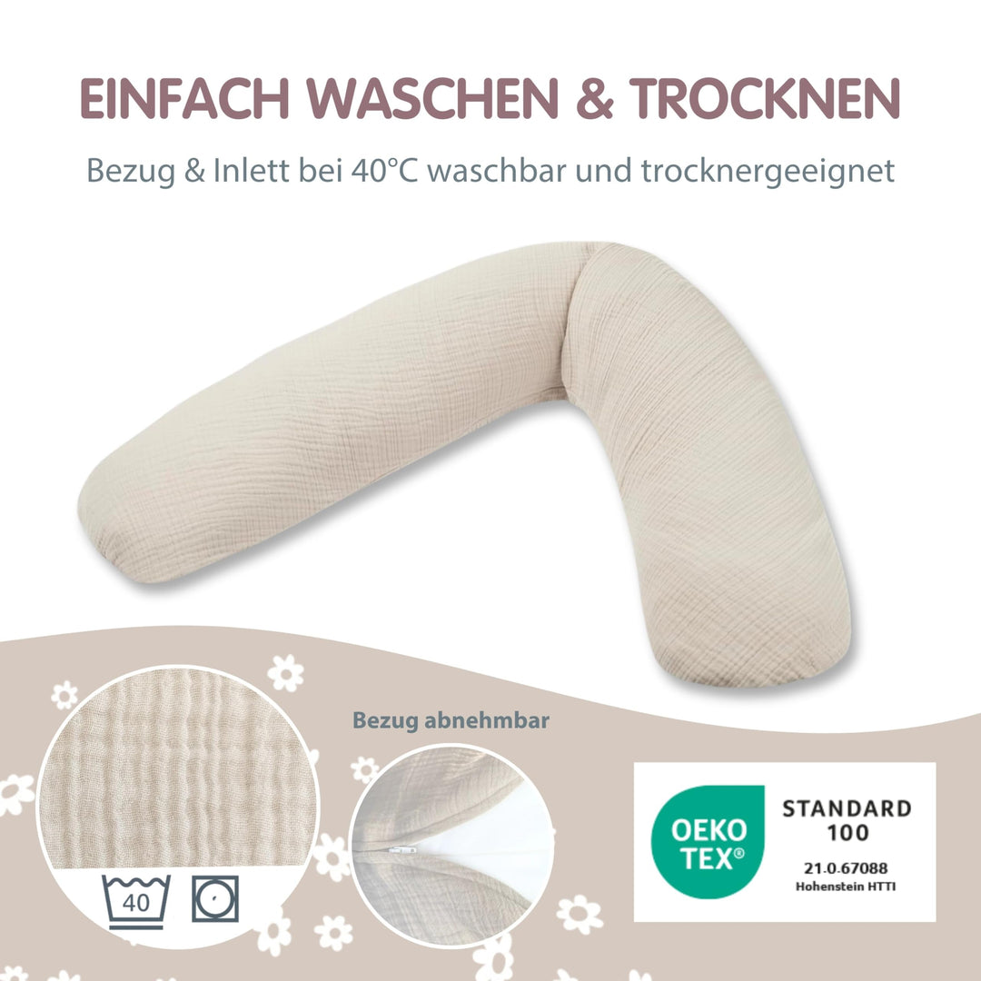 Stillkissen &amp; Schwangerschaftskissen 180cm Musselin Baumwolle Sandbeige - Bild 4