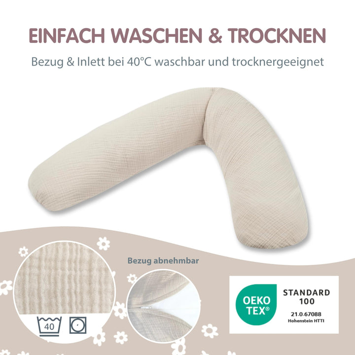 Stillkissen &amp; Schwangerschaftskissen 180cm Musselin Baumwolle Sandbeige - Bild 4