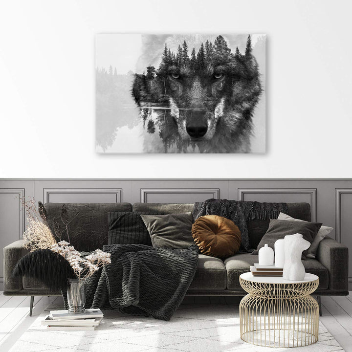 Leinwandbild Wolf im Wald Schwarz-Weiss 120x80 cm aufhängfertig - Bild 7