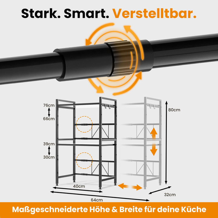 Mikrowellenregal Stahl höhenverstellbar 40-64 cm mit 8 Haken schwarz - Bild 2
