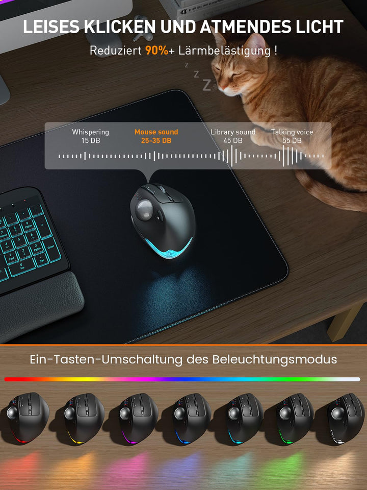 Trackball Maus kabellos Bluetooth USB RGB ergonomisch 3 Geräte - Bild 8