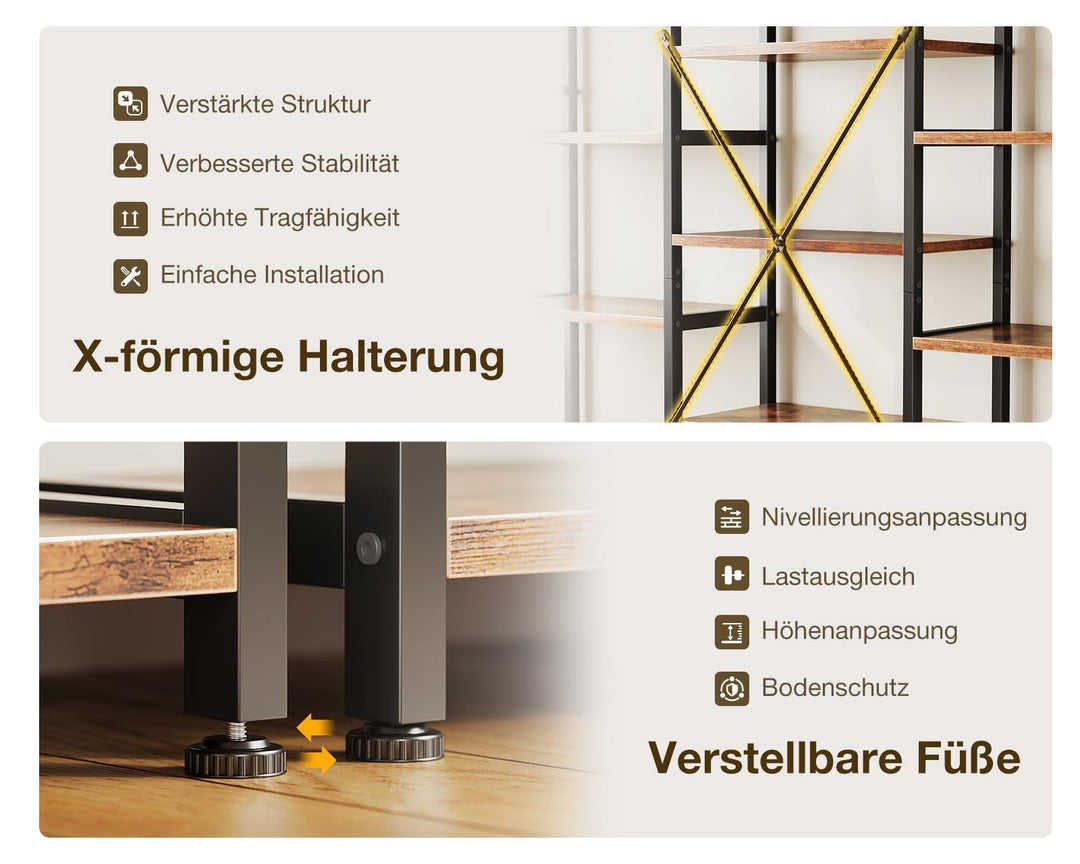 Bücherregal Industrie Stahl Spanplatte 5 Ebenen 145x126cm Braun