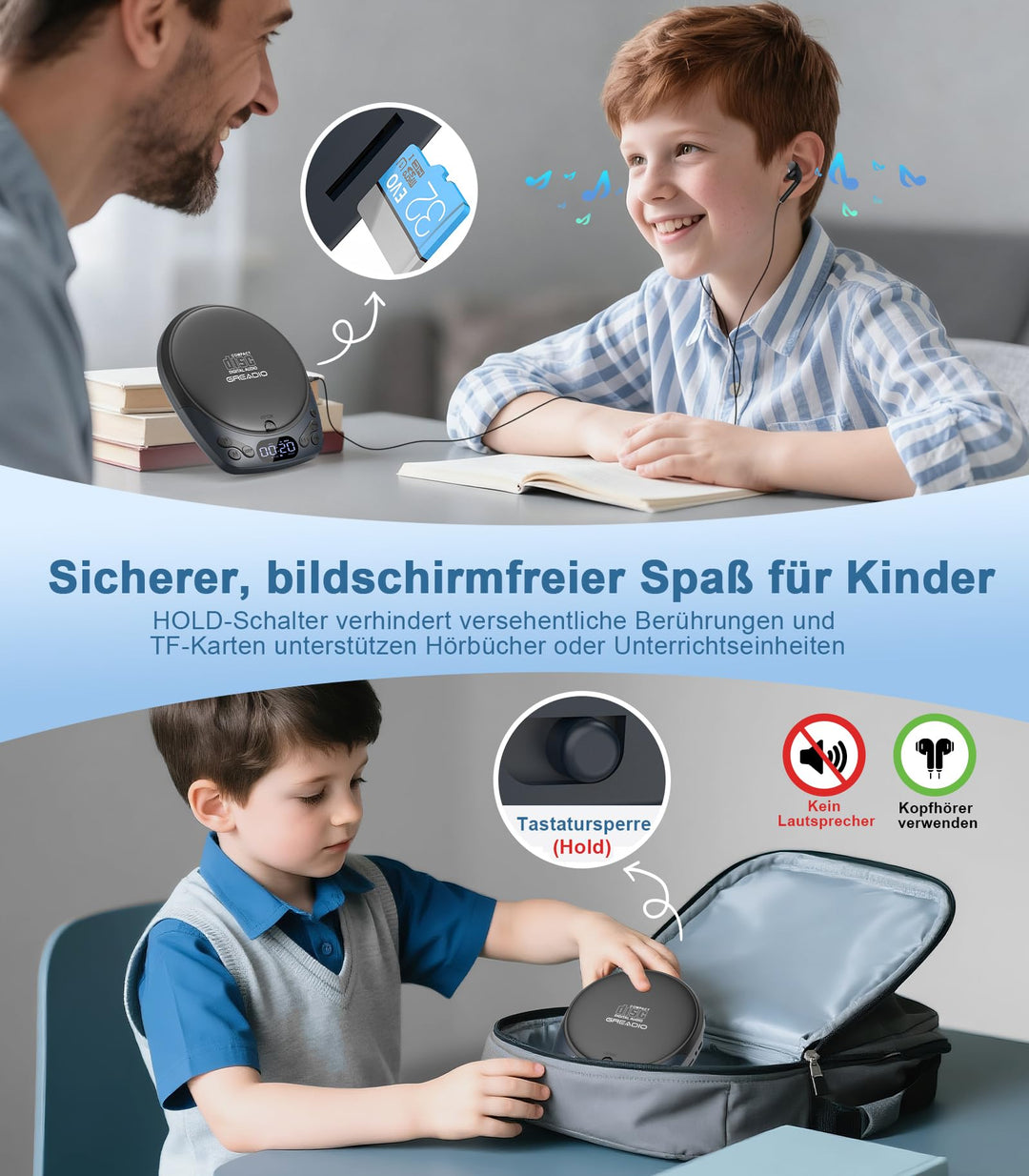 CD-Player tragbar wiederaufladbar mit Kopfhörer AUX TF-Karte - Bild 7