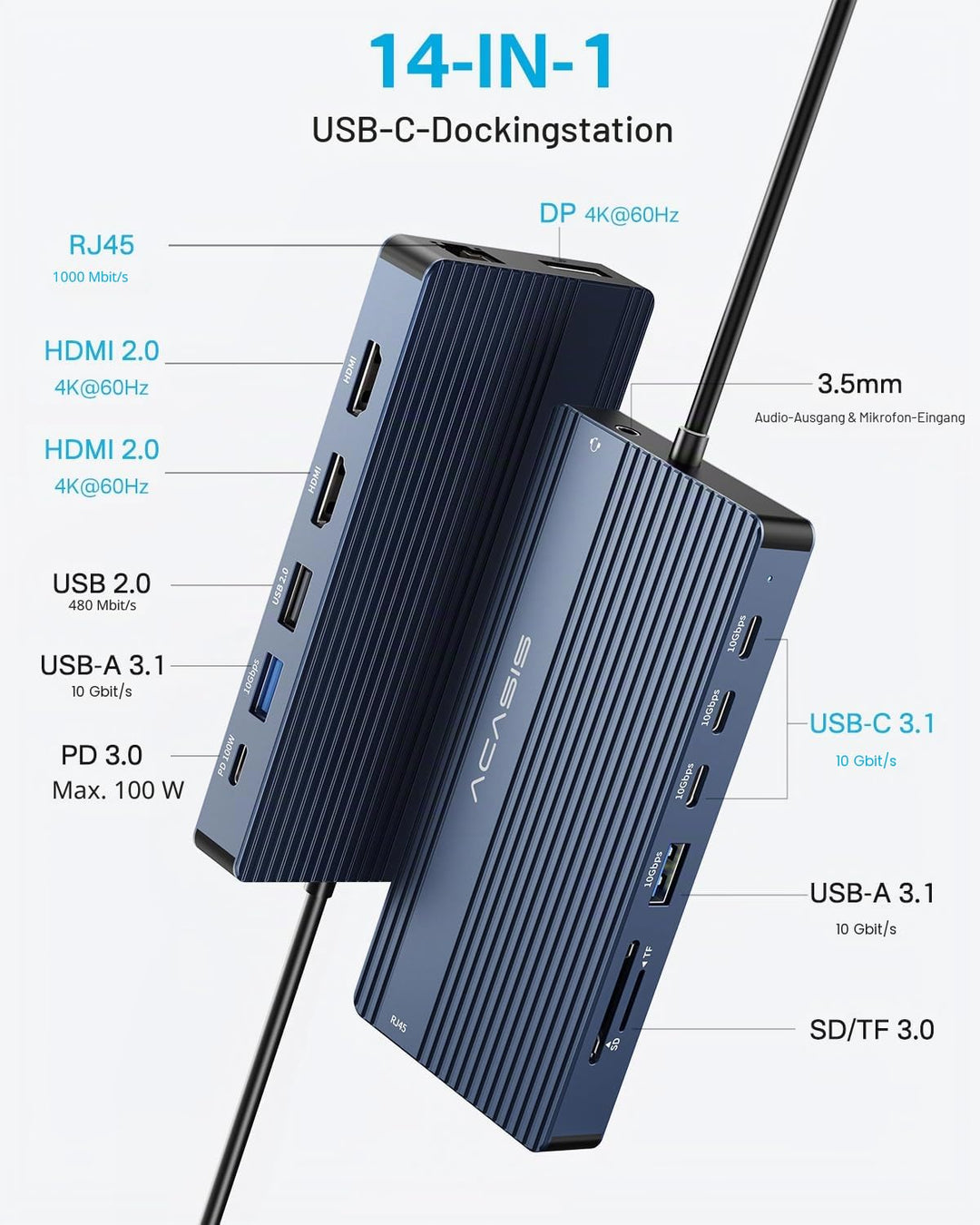 USB-C Docking Station 14-in-1 Triple Display 4K@60Hz PD 100W - Bild 2