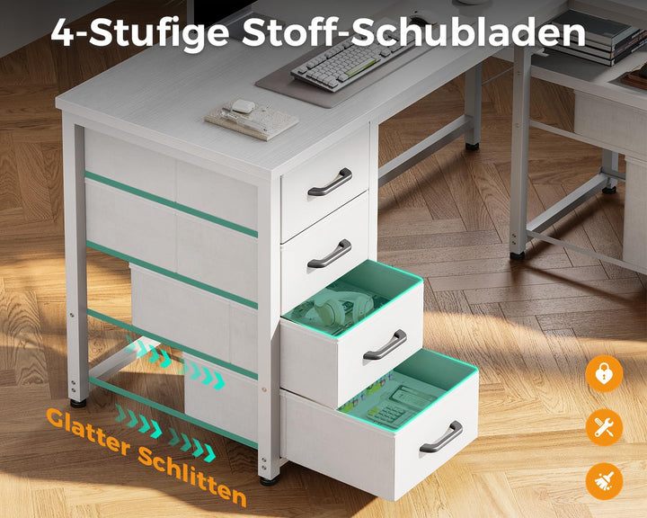 Eckschreibtisch 140x80 cm mit Steckdose und 6 Schubladen, Weiss