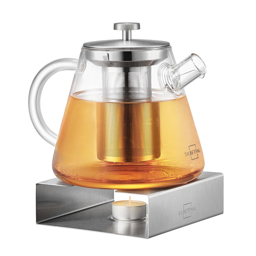 Teekanne mit Stövchen Set Glas 1,5 Liter mit Edelstahlsieb