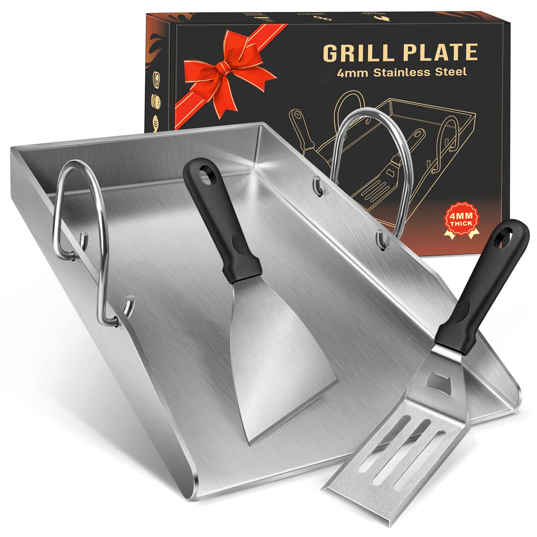 Grillplatte Plancha Edelstahl 4mm 40x30cm mit 2 Grillspachtel