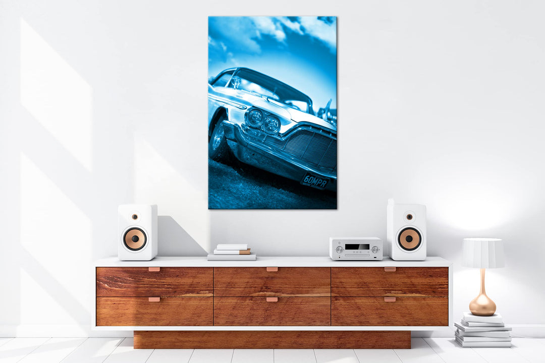 Leinwandbild Oldtimer Auto Monochrom Blau 80x60 cm Echtholzrahmen - Bild 5