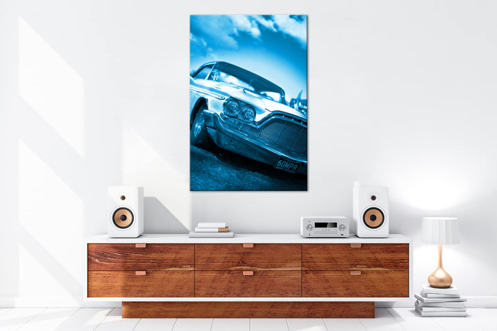 Leinwandbild Oldtimer Auto Monochrom Blau 80x60 cm Echtholzrahmen - Bild 5