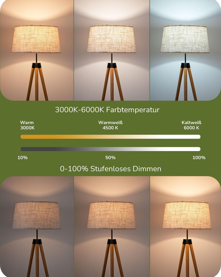 Stehlampe Boho Holzstativ dimmbar mit Leinenschirm &amp; Fernbedienung - Bild 2