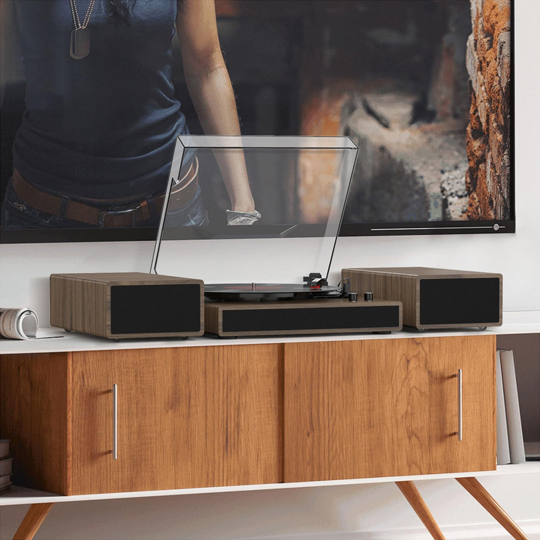Plattenspieler Holz mit Stereo-Lautsprechern, Bluetooth &amp; Riemenantrieb