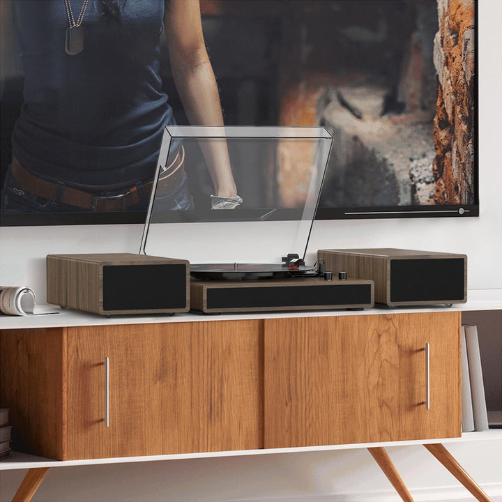 Plattenspieler Holz mit Stereo-Lautsprechern, Bluetooth &amp; Riemenantrieb