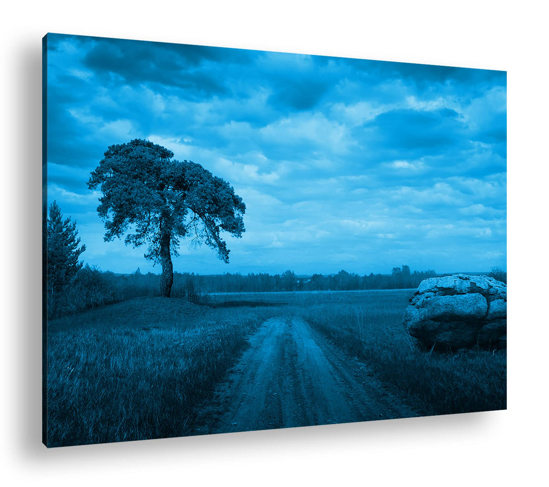 Leinwandbild Feldweg monochrom Blau 80x60 cm Echtholzrahmen