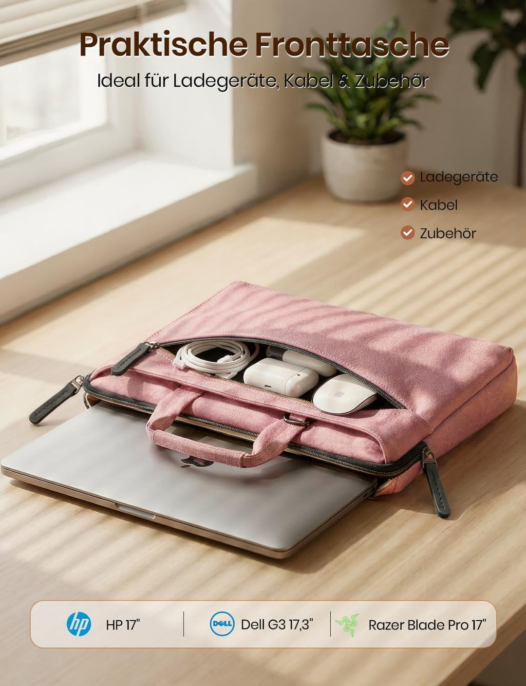 Laptoptasche 17-17,3 Zoll wasserabweisend mit Schultergurt Rosa - Bild 4