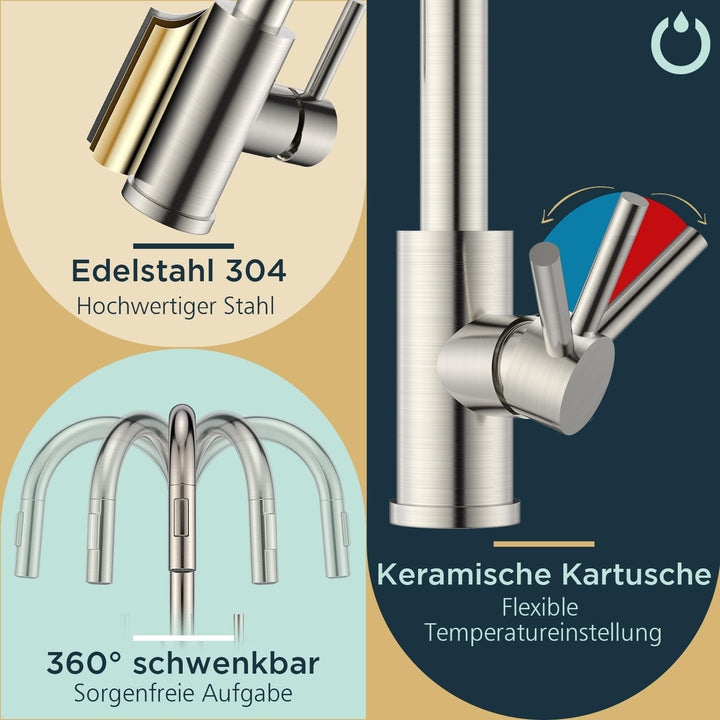 Küchenarmatur Edelstahl Hochbogen 360° schwenkbar mit Pulldown-Brause - Bild 7