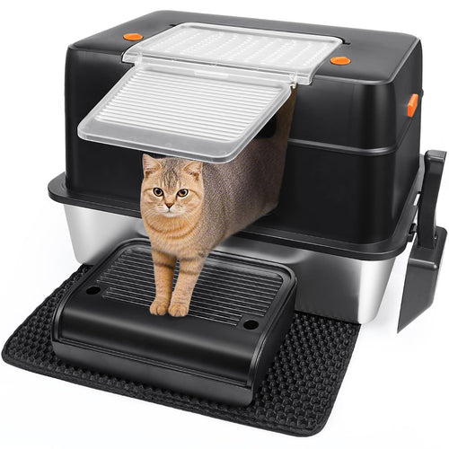Katzenklo XL Edelstahl mit Deckel 60x40 cm schwarz 3-in-1