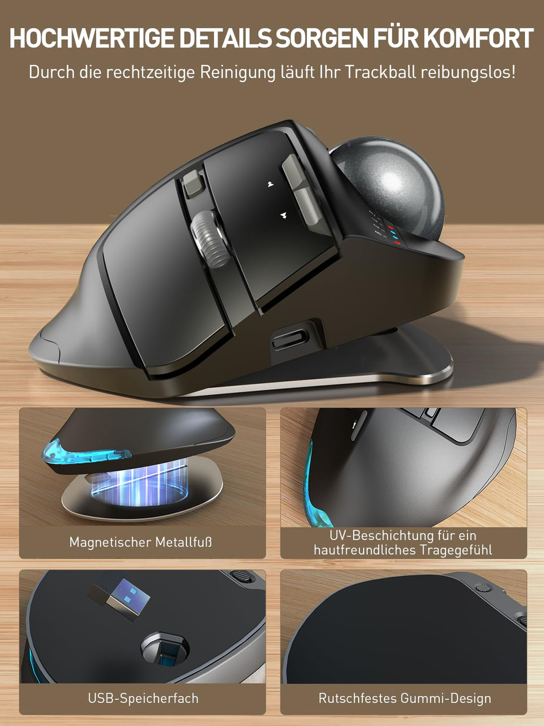 Trackball Maus kabellos Bluetooth USB RGB ergonomisch 3 Geräte - Bild 6