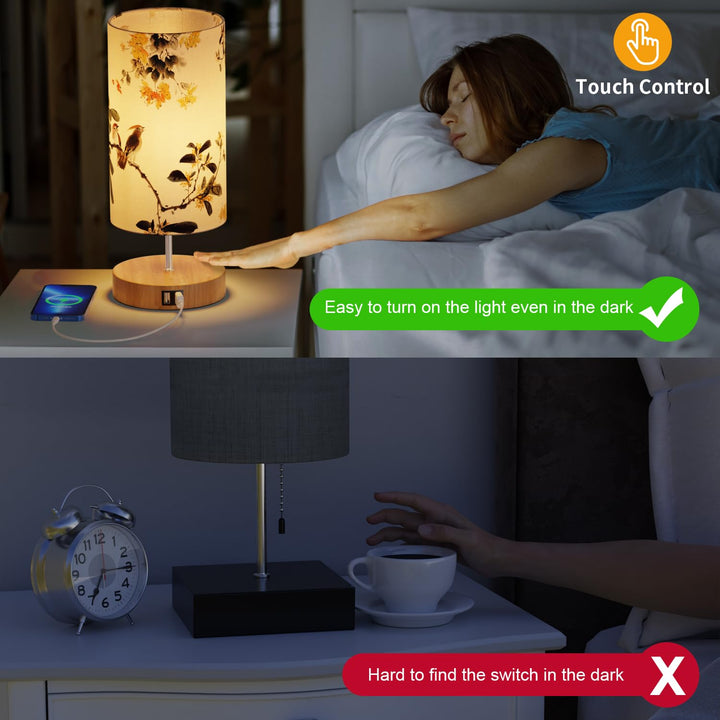 Nachttischlampe 2er Set Stoff Vogelmotiv Touch-Dimmer USB - Bild 5