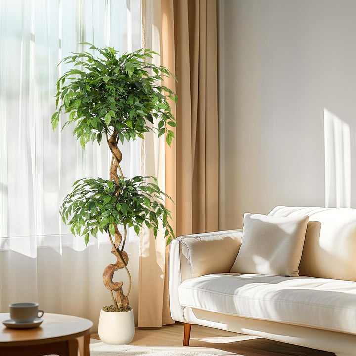 Kunstpflanze Ficus Baum 150 cm mit Seidenblättern im weissen Topf - Bild 7