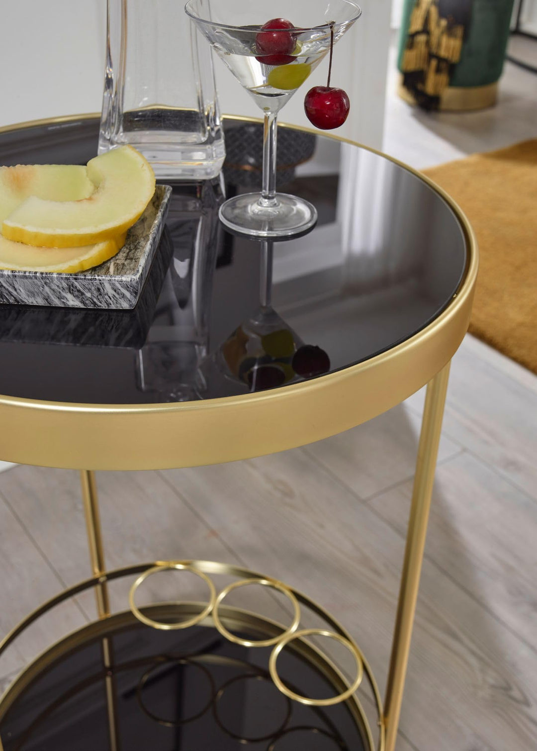 Servierwagen rund Stahl Gold-Schwarz 2 Ebenen Sicherheitsglas 45x76cm - Bild 5