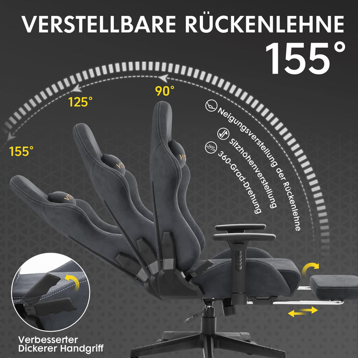 Gaming Stuhl Wildlederimitat ergonomisch mit Fussstuetze, Grau - Bild 4