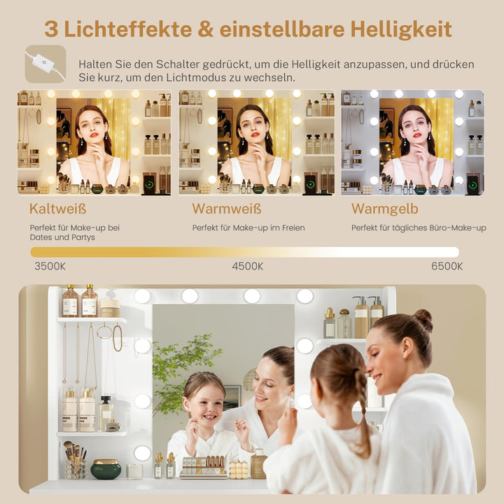 Schminktisch mit Beleuchtetem Spiegel 4 Schubladen Weiss - Bild 4