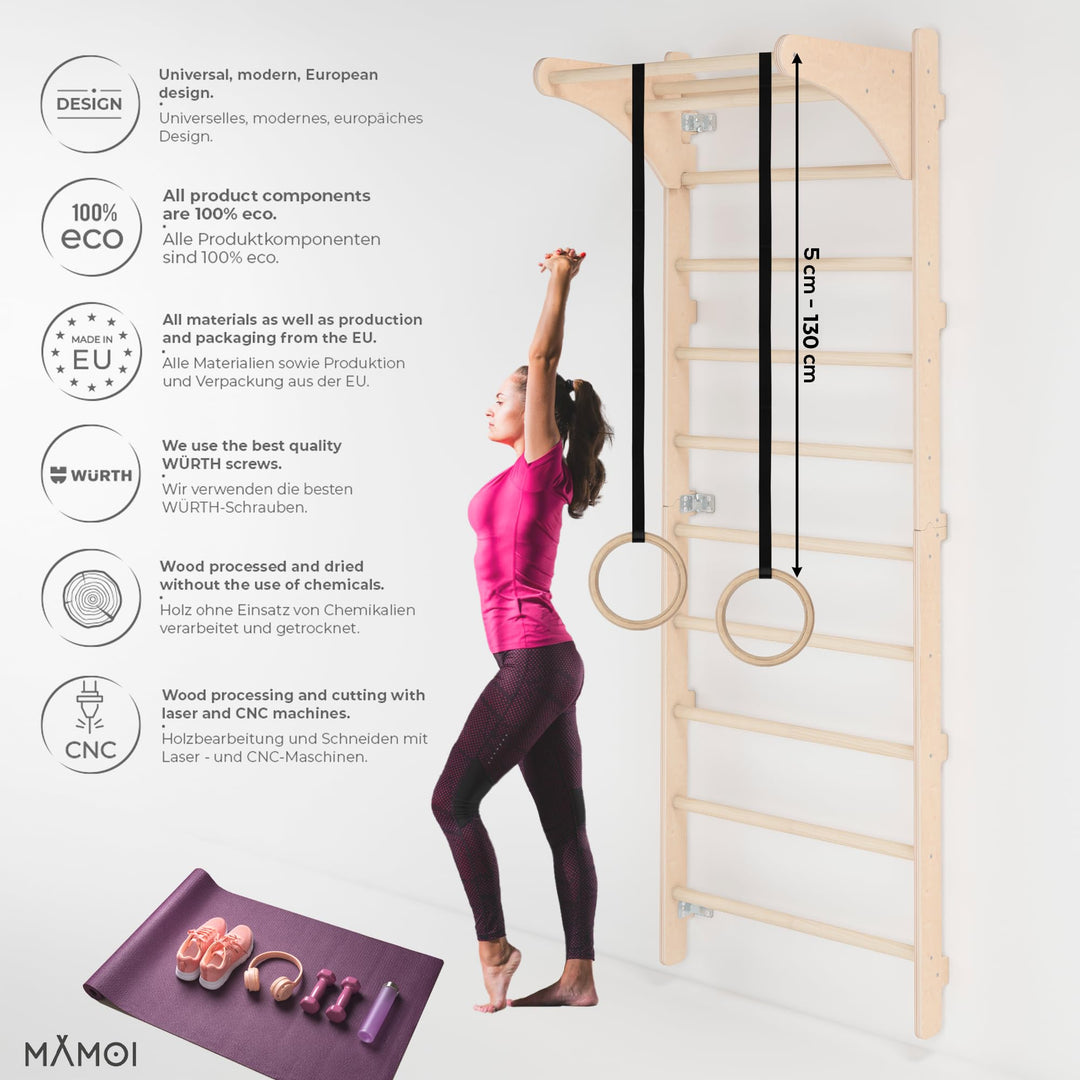 Sprossenwand Holz mit Turnringen für Heim-Fitness Wandmontage - Bild 6