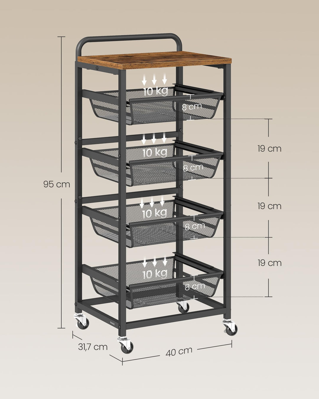 Servierwagen 5 Ebenen Metall mit Körben rollbar 40x32x95 cm - Bild 3